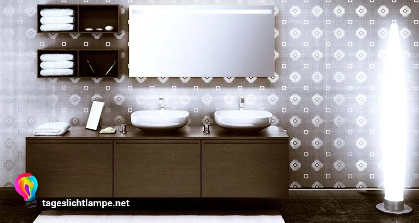 Badezimmer von vorne mit Tageslichtlampe Bad um eine bessere Beleuchtung zu erhalten.