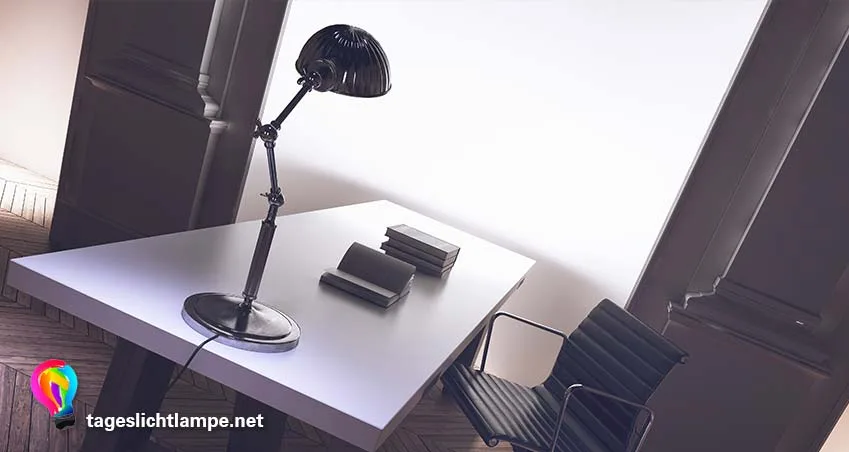 Tageslichtlampe auf Schreibtisch. Auf dem Schriebtisch liegen Bücher. Im Hintergrud ist ein offenes helles Fenster zu sehen