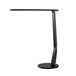 Schwarze Tageslichtlampe als Schreibtischlampe. Aufrechte Form mit einem vertikalen Ständer und einer schmalen horizontalen Leuchtfläche